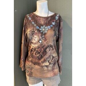 VTG Y2K Cactus Bedazzled Trim Angel Tattoo Top XL